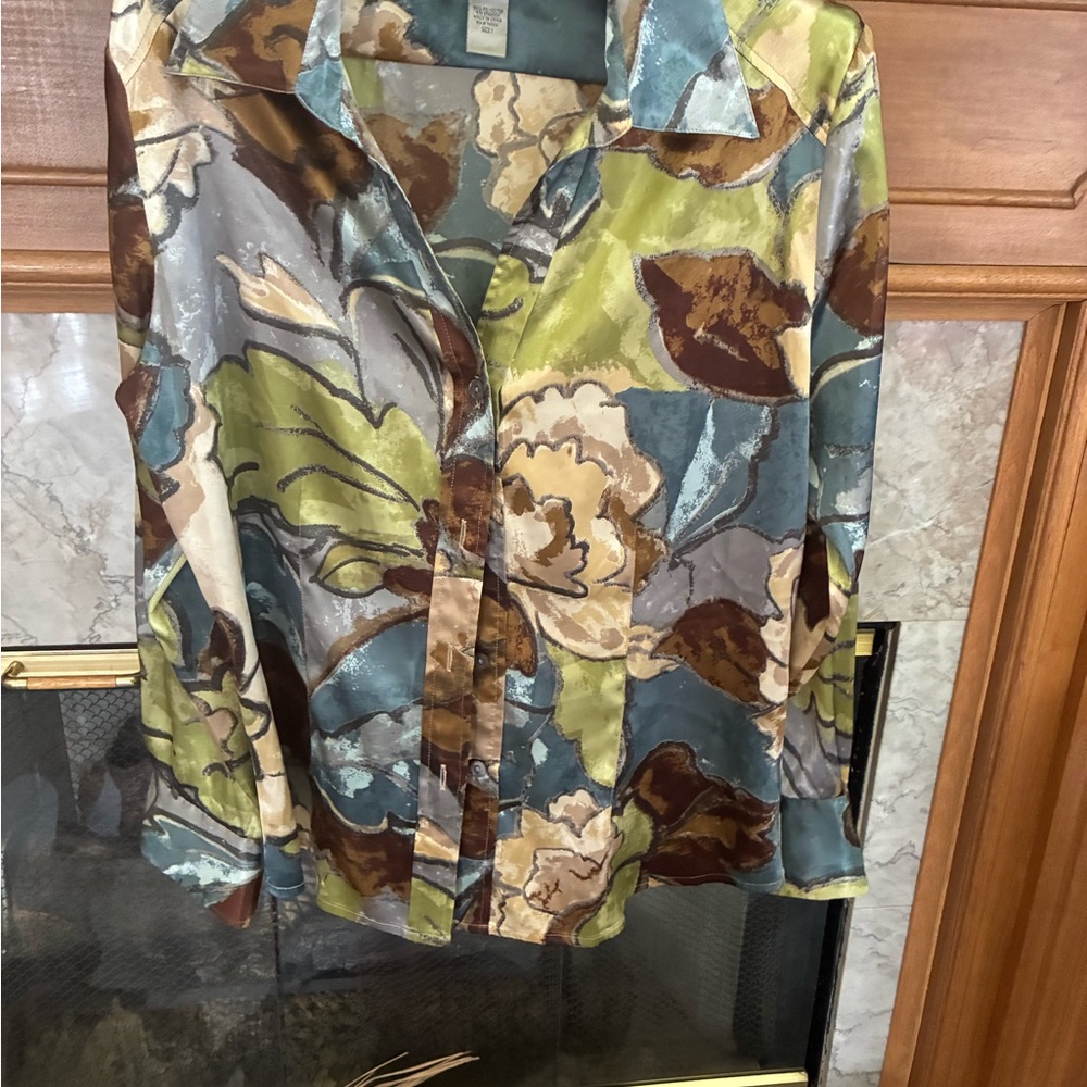 Chico's Artistic Green and Brown Blouse with Botanical Print